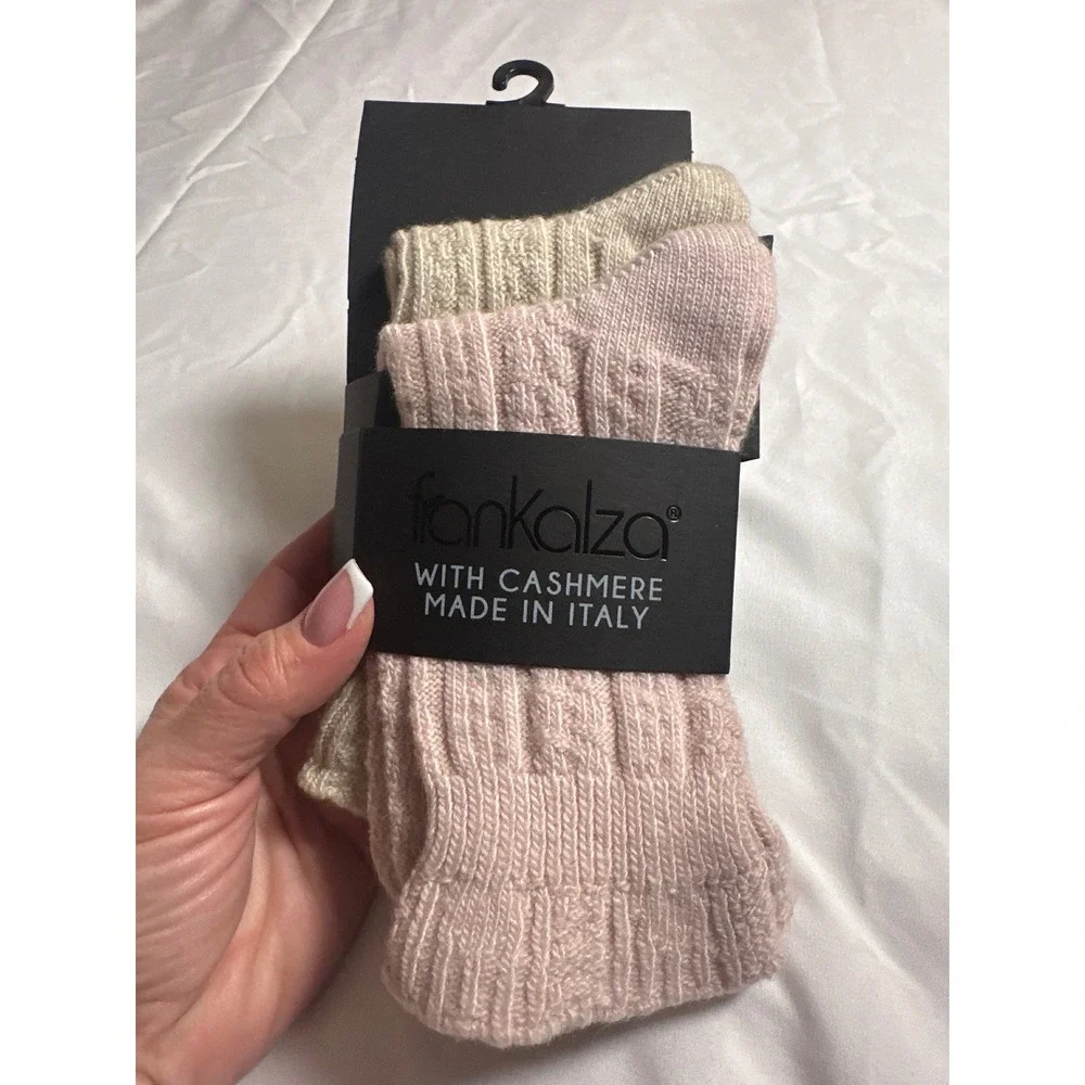 Frankalza 2 PK Chain Cable Stitch Crew Socks Cashmere Merino Wool Blush Oatmeal